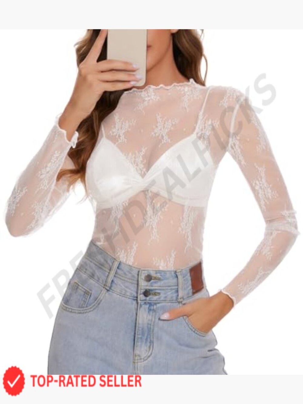 Lace Mesh Long Sleeve Top Sheer Floral Mock Neck Blouse Party Night Out - Picture 3 of 7